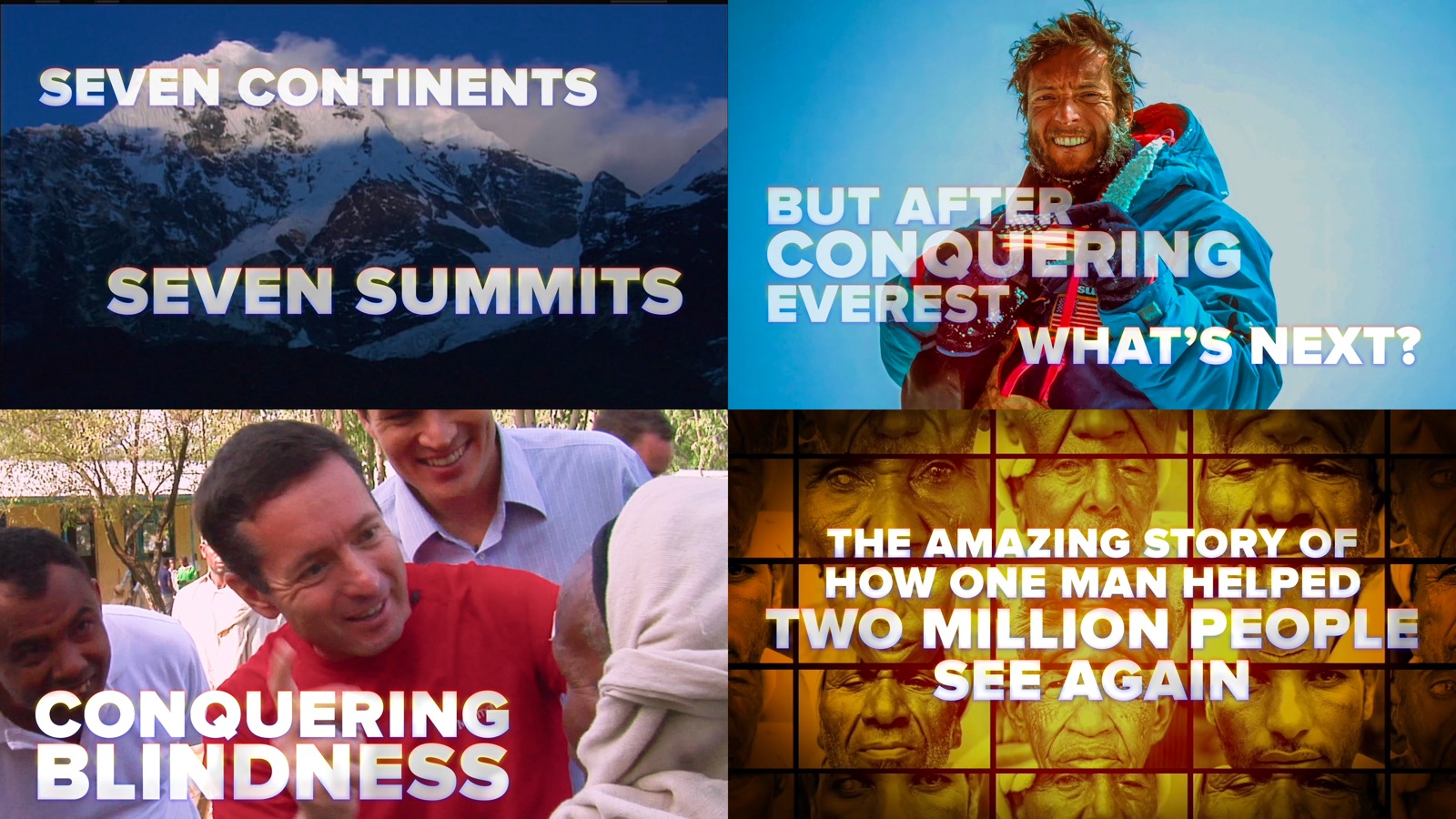 A four-panel trailer image for Eyes of the World with mountain, Everest, documentary, and portrait scenes.