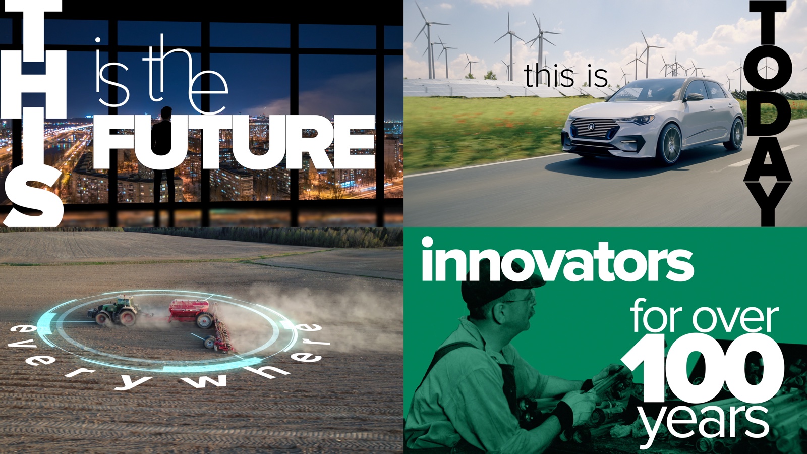 Four-image collage from S&C Electric's This Is the Future film, featuring clean energy, electric transportation, smart agriculture, and manufacturing.